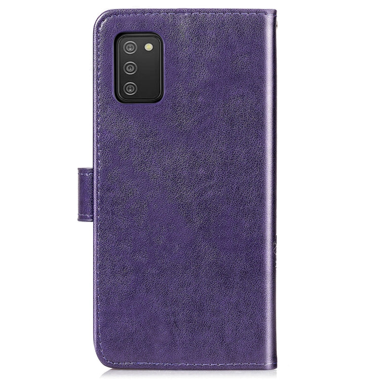 For Samsung Galaxy A02s (EU Version) Four-leaf Clasp Embossed Buckle Mobile Phone Protection Leather Case with Lanyard & Card Slot & Wallet & Bracket Function