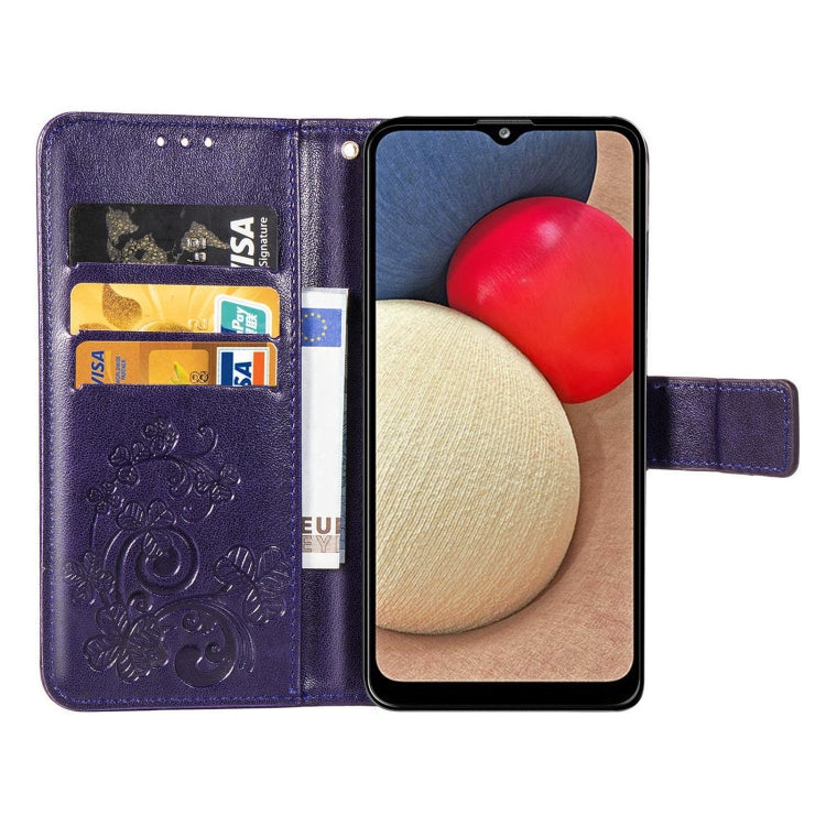 For Samsung Galaxy A02s (EU Version) Four-leaf Clasp Embossed Buckle Mobile Phone Protection Leather Case with Lanyard & Card Slot & Wallet & Bracket Function