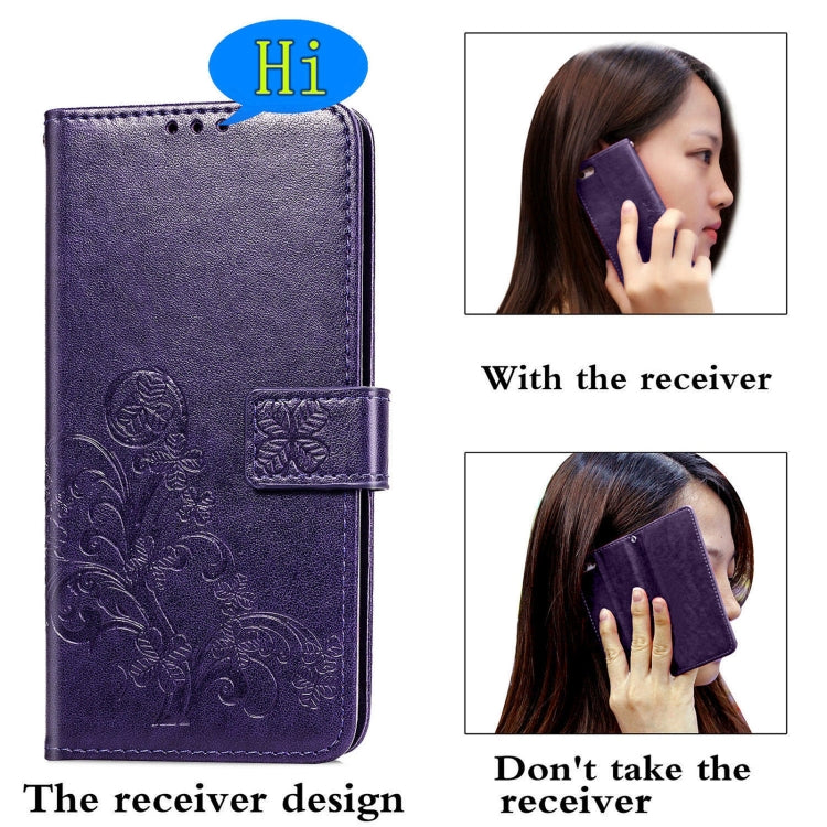 For Samsung Galaxy A02s (EU Version) Four-leaf Clasp Embossed Buckle Mobile Phone Protection Leather Case with Lanyard & Card Slot & Wallet & Bracket Function