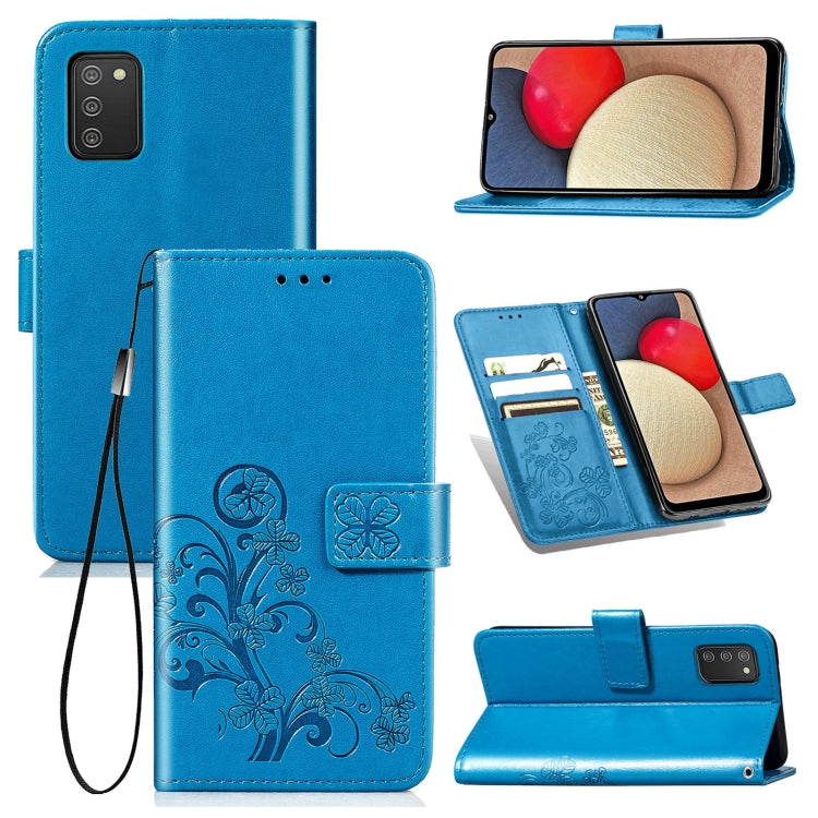 For Samsung Galaxy A02s (EU Version) Four-leaf Clasp Embossed Buckle Mobile Phone Protection Leather Case with Lanyard & Card Slot & Wallet & Bracket Function