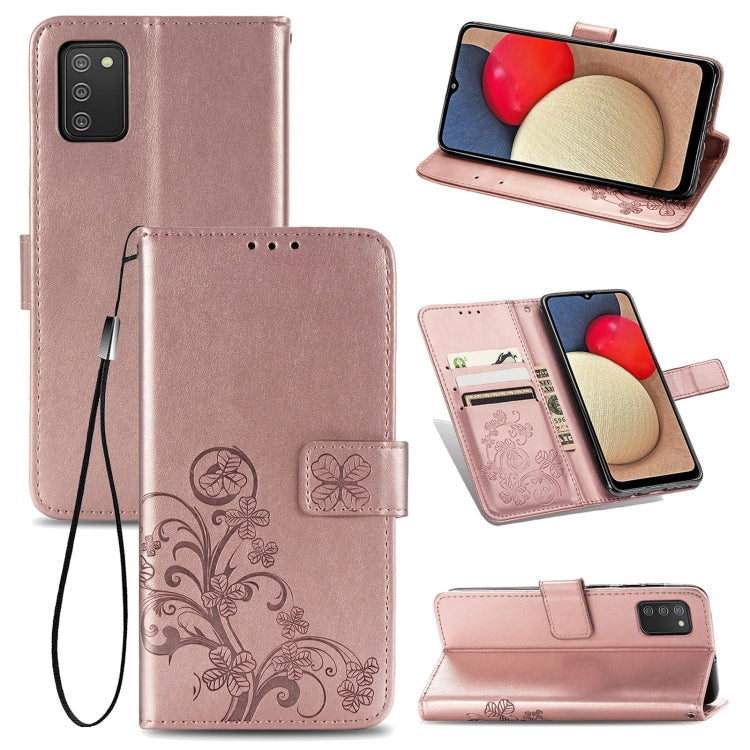 For Samsung Galaxy A02s (EU Version) Four-leaf Clasp Embossed Buckle Mobile Phone Protection Leather Case with Lanyard & Card Slot & Wallet & Bracket Function
