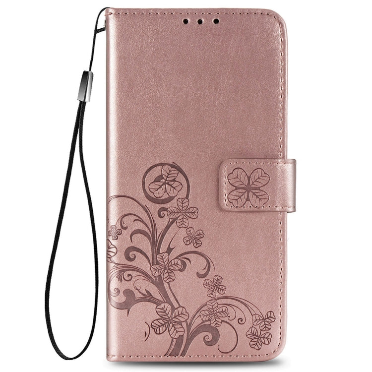 For Samsung Galaxy A02s (EU Version) Four-leaf Clasp Embossed Buckle Mobile Phone Protection Leather Case with Lanyard & Card Slot & Wallet & Bracket Function