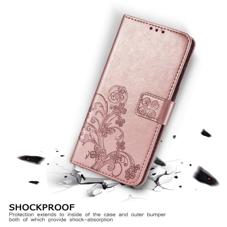 For Samsung Galaxy A02s (EU Version) Four-leaf Clasp Embossed Buckle Mobile Phone Protection Leather Case with Lanyard & Card Slot & Wallet & Bracket Function