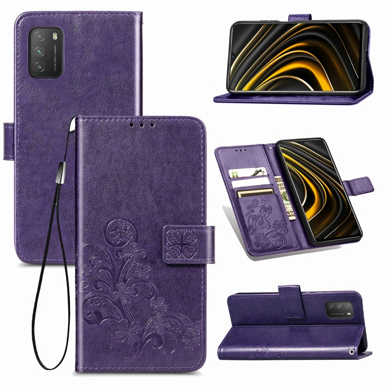Four-leaf Clasp Embossed Buckle Mobile Phone Protection Leather Case with Lanyard & Card Slot & Wallet & Bracket Function For Xiaomi  POCO  M3