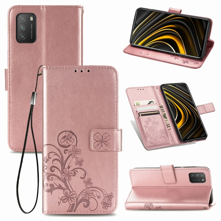 Four-leaf Clasp Embossed Buckle Mobile Phone Protection Leather Case with Lanyard & Card Slot & Wallet & Bracket Function For Xiaomi  POCO  M3
