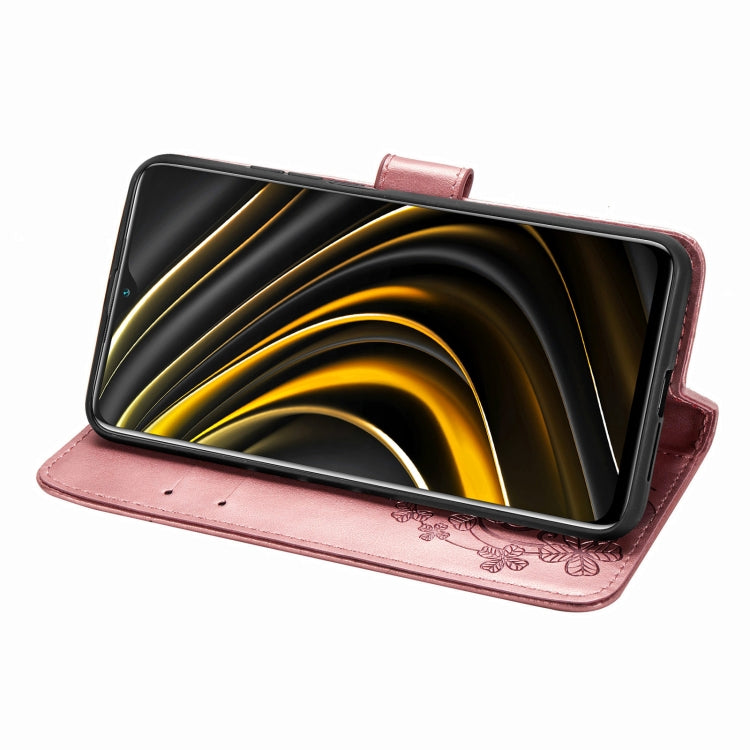 Four-leaf Clasp Embossed Buckle Mobile Phone Protection Leather Case with Lanyard & Card Slot & Wallet & Bracket Function For Xiaomi  POCO  M3