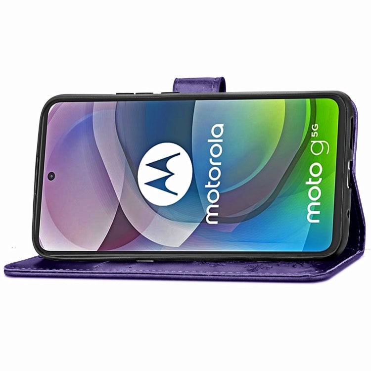 Four-leaf Clasp Embossed Buckle Mobile Phone Protection Leather Case with Lanyard & Card Slot & Wallet & Bracket Function For Motorola Moto G 5G