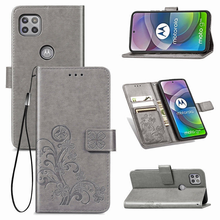 Four-leaf Clasp Embossed Buckle Mobile Phone Protection Leather Case with Lanyard & Card Slot & Wallet & Bracket Function For Motorola Moto G 5G