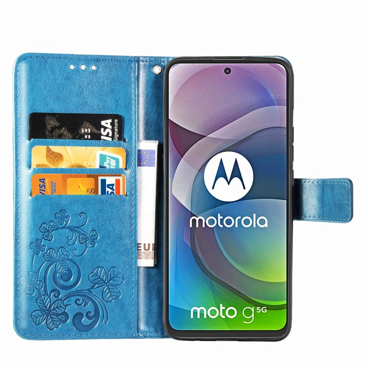 Four-leaf Clasp Embossed Buckle Mobile Phone Protection Leather Case with Lanyard & Card Slot & Wallet & Bracket Function For Motorola Moto G 5G