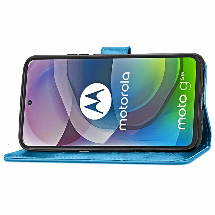 Four-leaf Clasp Embossed Buckle Mobile Phone Protection Leather Case with Lanyard & Card Slot & Wallet & Bracket Function For Motorola Moto G 5G