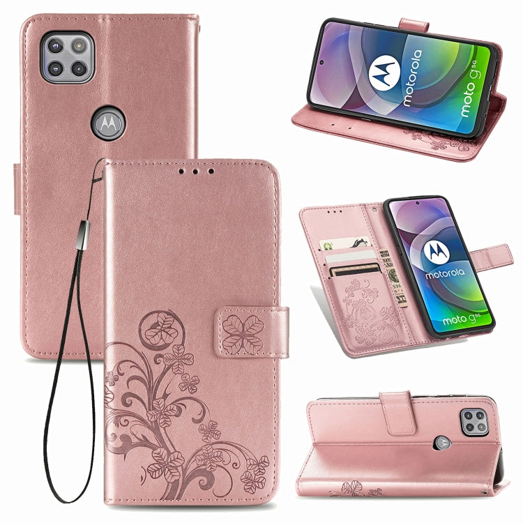 Four-leaf Clasp Embossed Buckle Mobile Phone Protection Leather Case with Lanyard & Card Slot & Wallet & Bracket Function For Motorola Moto G 5G