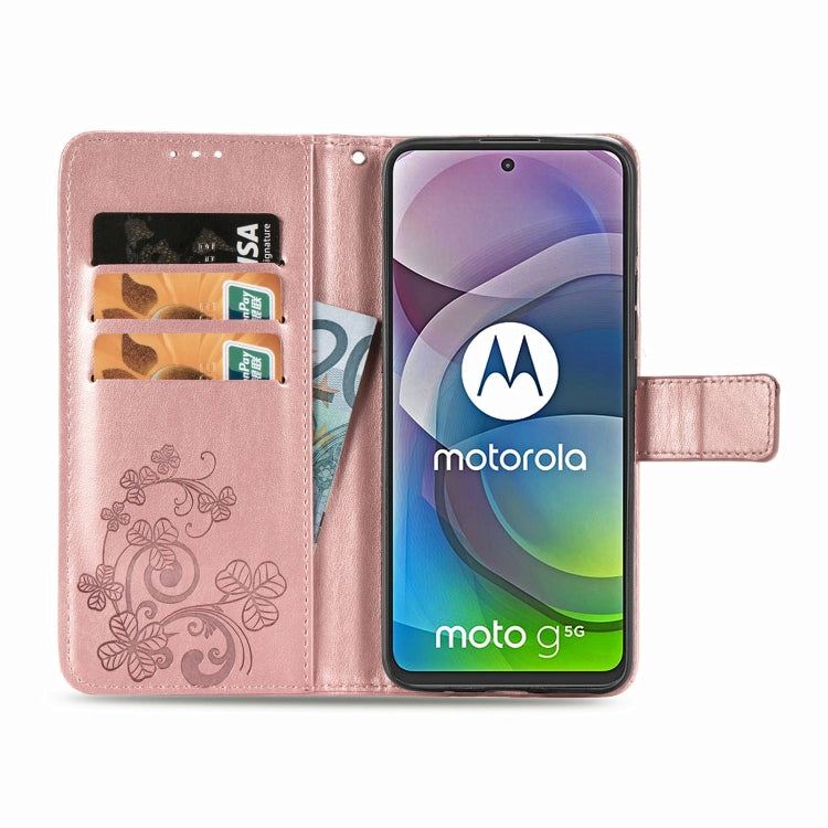 Four-leaf Clasp Embossed Buckle Mobile Phone Protection Leather Case with Lanyard & Card Slot & Wallet & Bracket Function For Motorola Moto G 5G