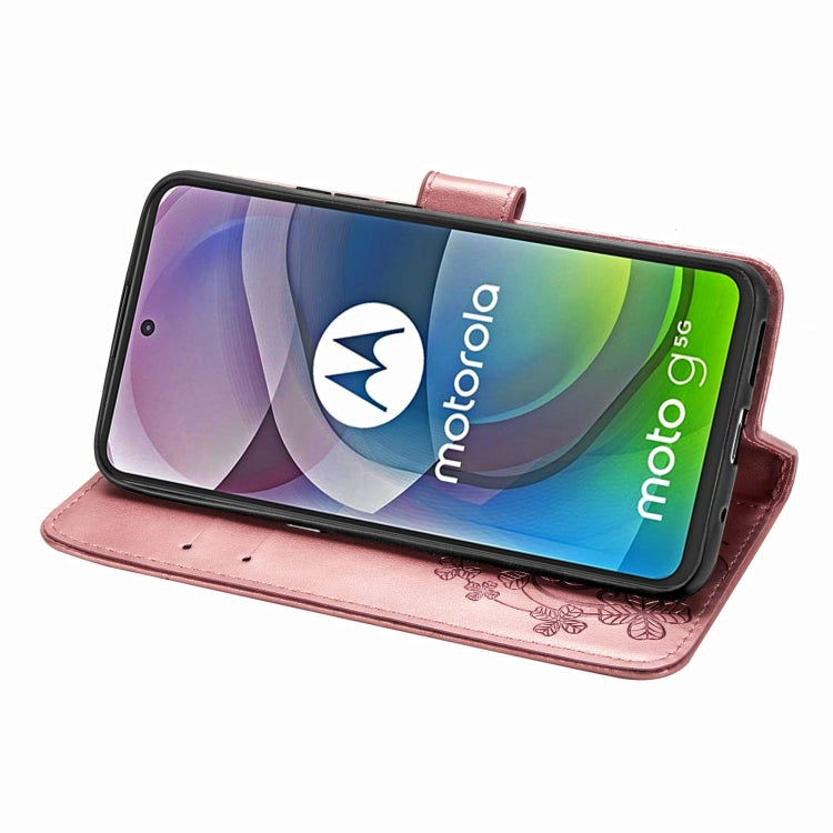 Four-leaf Clasp Embossed Buckle Mobile Phone Protection Leather Case with Lanyard & Card Slot & Wallet & Bracket Function For Motorola Moto G 5G