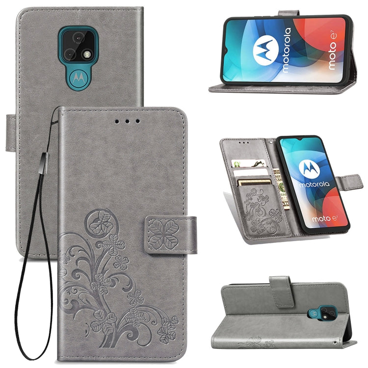 Four-leaf Clasp Embossed Buckle Mobile Phone Protection Leather Case with Lanyard & Card Slot & Wallet & Bracket Function For Motorola Moto E7