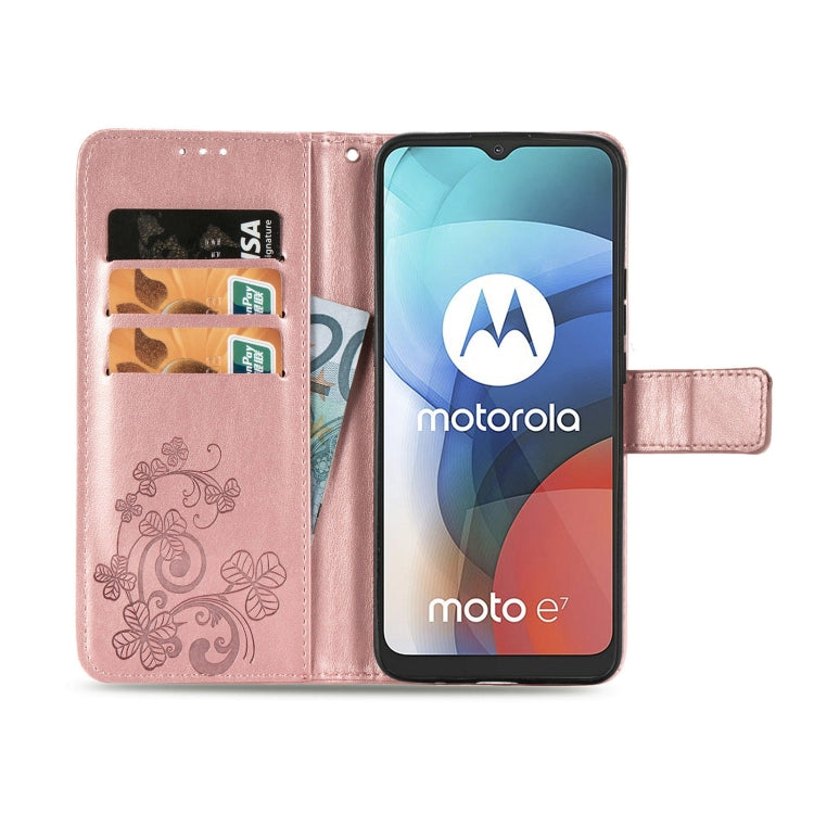 Four-leaf Clasp Embossed Buckle Mobile Phone Protection Leather Case with Lanyard & Card Slot & Wallet & Bracket Function For Motorola Moto E7