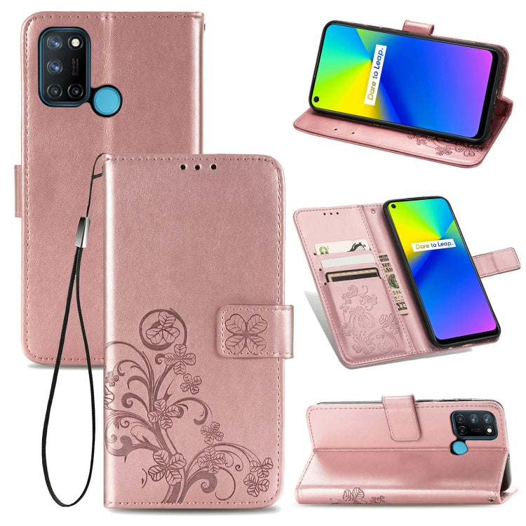 Four-leaf Clasp Embossed Buckle Mobile Phone Protection Leather Case with Lanyard & Card Slot & Wallet & Bracket Function For OPPO Realme 7i / C17
