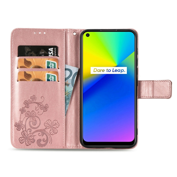 Four-leaf Clasp Embossed Buckle Mobile Phone Protection Leather Case with Lanyard & Card Slot & Wallet & Bracket Function For OPPO Realme 7i / C17