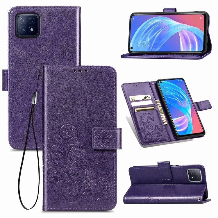Four-leaf Clasp Embossed Buckle Mobile Phone Protection Leather Case with Lanyard & Card Slot & Wallet & Bracket Function For OPPO A72 5G