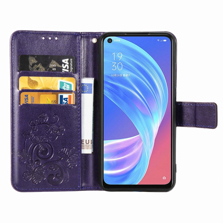 Four-leaf Clasp Embossed Buckle Mobile Phone Protection Leather Case with Lanyard & Card Slot & Wallet & Bracket Function For OPPO A72 5G