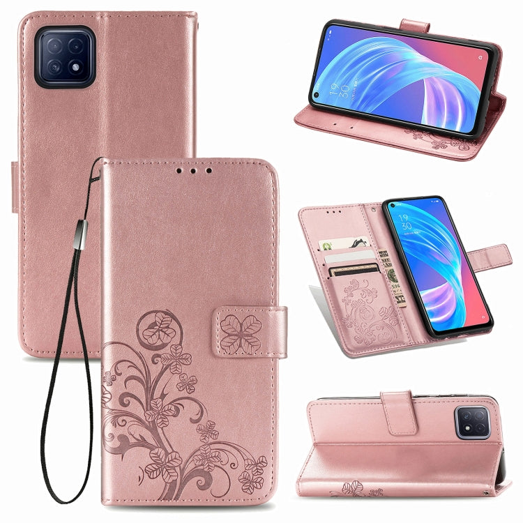 Four-leaf Clasp Embossed Buckle Mobile Phone Protection Leather Case with Lanyard & Card Slot & Wallet & Bracket Function For OPPO A72 5G