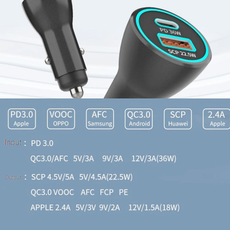 XJ-038 PD + QC3.0 Dual Port Fast Charging Car Charger with 8 Pin Data Cable