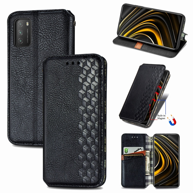 For Xiaomi POCO M3 Cubic Grid Pressed Horizontal Flip Magnetic PU Leather Case with Holder & Card Slots & Wallet