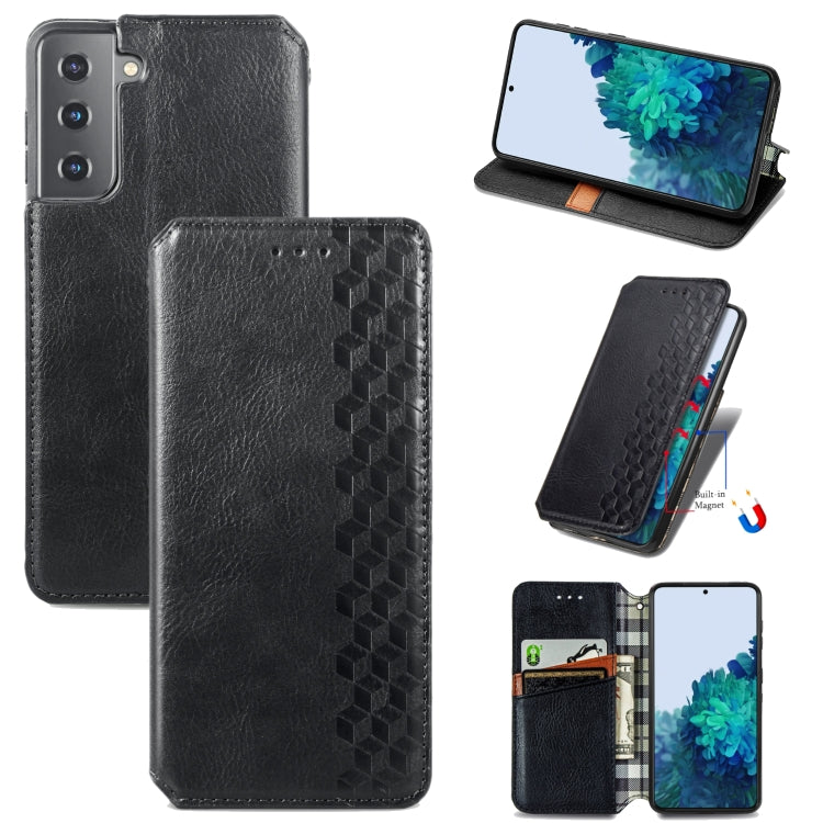 For Samsung Galaxy S21 5G Cubic Grid Pressed Horizontal Flip Magnetic PU Leather Case with Holder & Card Slots & Wallet