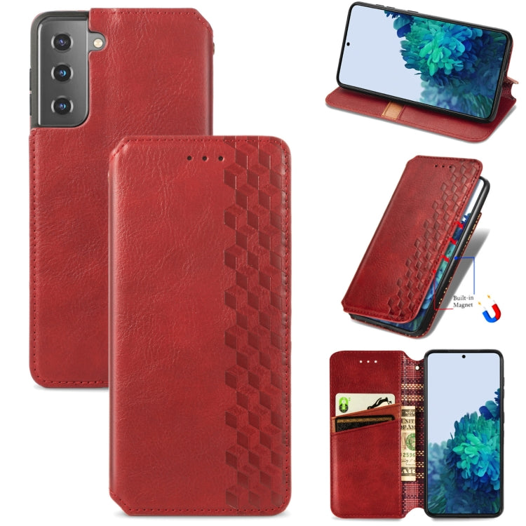 For Samsung Galaxy S21 5G Cubic Grid Pressed Horizontal Flip Magnetic PU Leather Case with Holder & Card Slots & Wallet