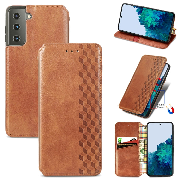 For Samsung Galaxy S21+ 5G Cubic Grid Pressed Horizontal Flip Magnetic PU Leather Case with Holder & Card Slots & Wallet