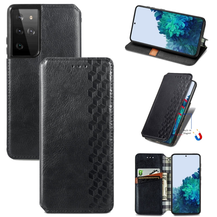 For Samsung Galaxy S21 Ultra 5G Cubic Grid Pressed Horizontal Flip Magnetic PU Leather Case with Holder & Card Slots & Wallet
