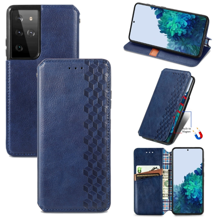 For Samsung Galaxy S21 Ultra 5G Cubic Grid Pressed Horizontal Flip Magnetic PU Leather Case with Holder & Card Slots & Wallet
