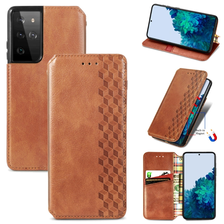 For Samsung Galaxy S21 Ultra 5G Cubic Grid Pressed Horizontal Flip Magnetic PU Leather Case with Holder & Card Slots & Wallet