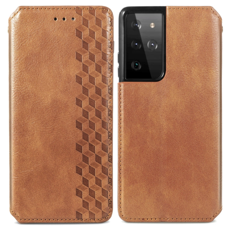 For Samsung Galaxy S21 Ultra 5G Cubic Grid Pressed Horizontal Flip Magnetic PU Leather Case with Holder & Card Slots & Wallet