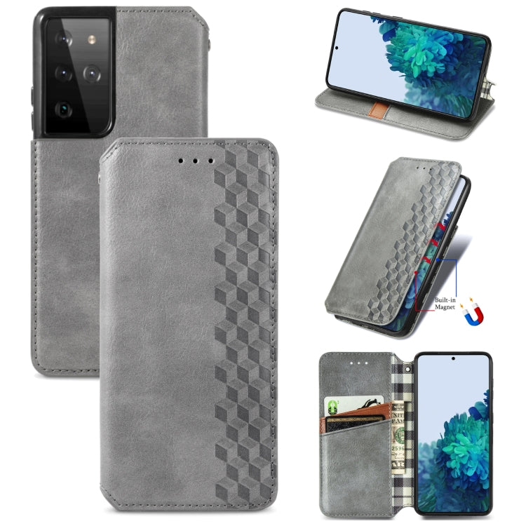 For Samsung Galaxy S21 Ultra 5G Cubic Grid Pressed Horizontal Flip Magnetic PU Leather Case with Holder & Card Slots & Wallet