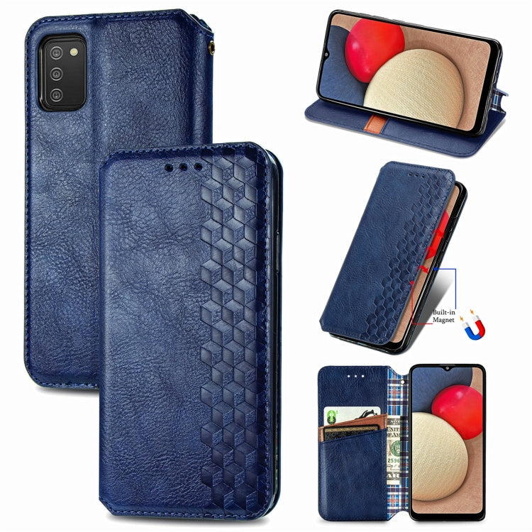 For Samsung Galaxy A02s(US Edition) Cubic Grid Pressed Horizontal Flip Magnetic PU Leather Case with Holder & Card Slots & Wallet