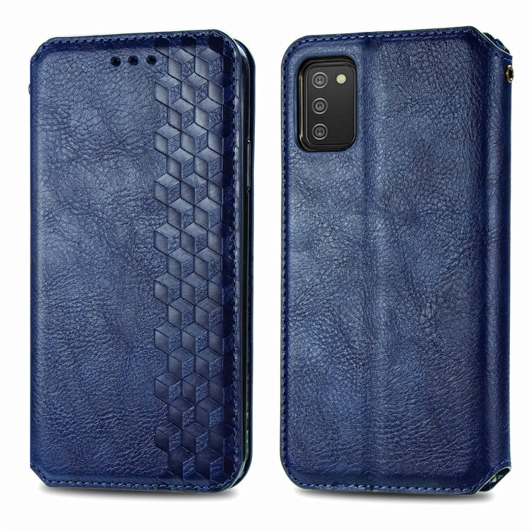 For Samsung Galaxy A02s(US Edition) Cubic Grid Pressed Horizontal Flip Magnetic PU Leather Case with Holder & Card Slots & Wallet