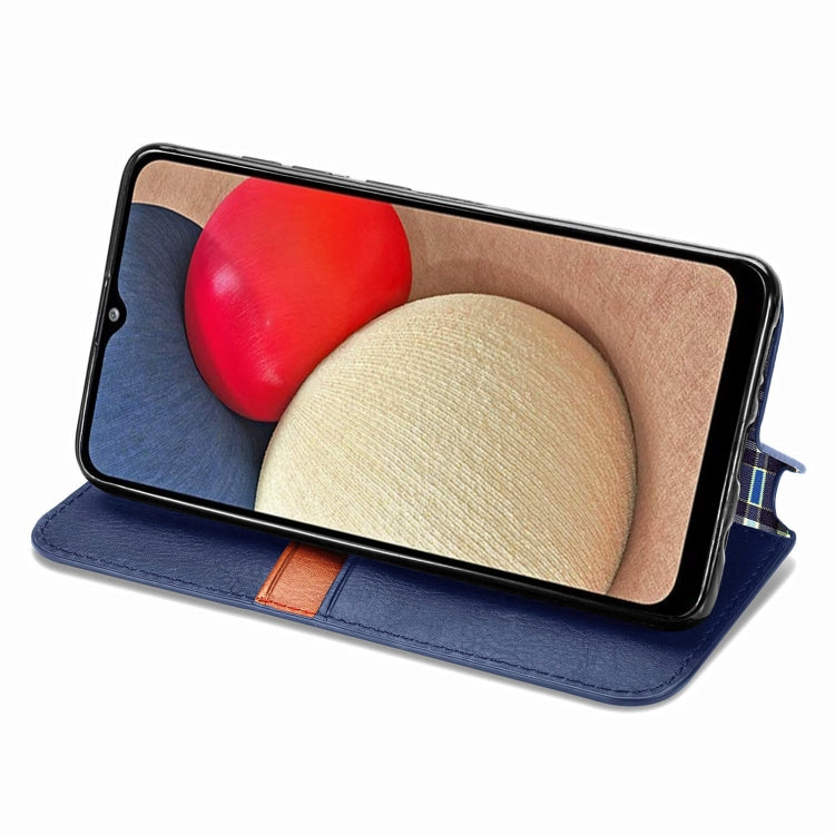 For Samsung Galaxy A02s(US Edition) Cubic Grid Pressed Horizontal Flip Magnetic PU Leather Case with Holder & Card Slots & Wallet