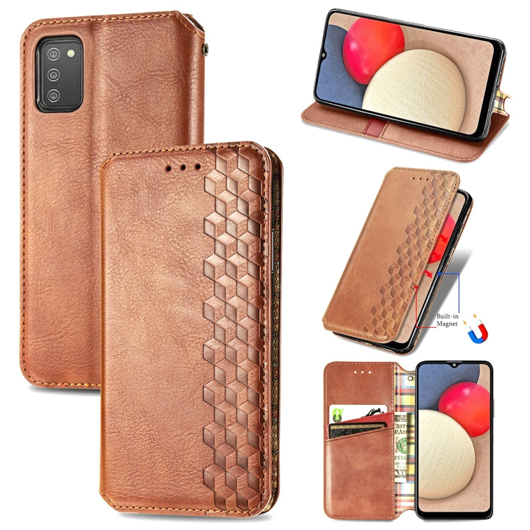 For Samsung Galaxy A02s(US Edition) Cubic Grid Pressed Horizontal Flip Magnetic PU Leather Case with Holder & Card Slots & Wallet