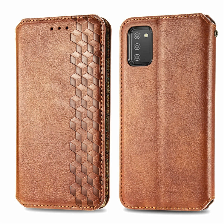 For Samsung Galaxy A02s(US Edition) Cubic Grid Pressed Horizontal Flip Magnetic PU Leather Case with Holder & Card Slots & Wallet