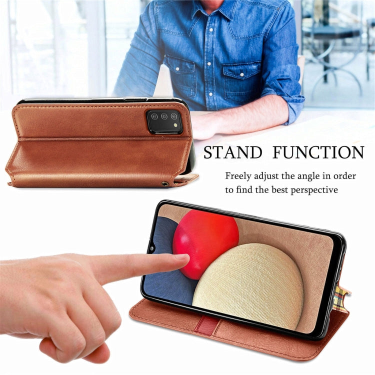 For Samsung Galaxy A02s(US Edition) Cubic Grid Pressed Horizontal Flip Magnetic PU Leather Case with Holder & Card Slots & Wallet