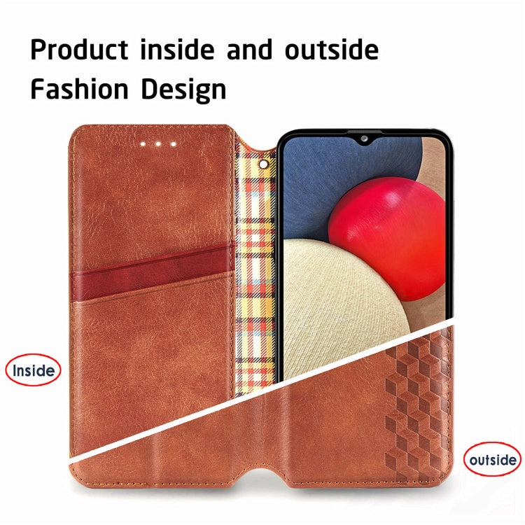 For Samsung Galaxy A02s(US Edition) Cubic Grid Pressed Horizontal Flip Magnetic PU Leather Case with Holder & Card Slots & Wallet