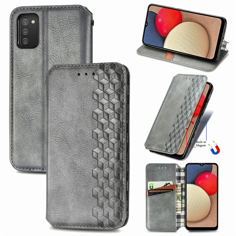 For Samsung Galaxy A02s(US Edition) Cubic Grid Pressed Horizontal Flip Magnetic PU Leather Case with Holder & Card Slots & Wallet