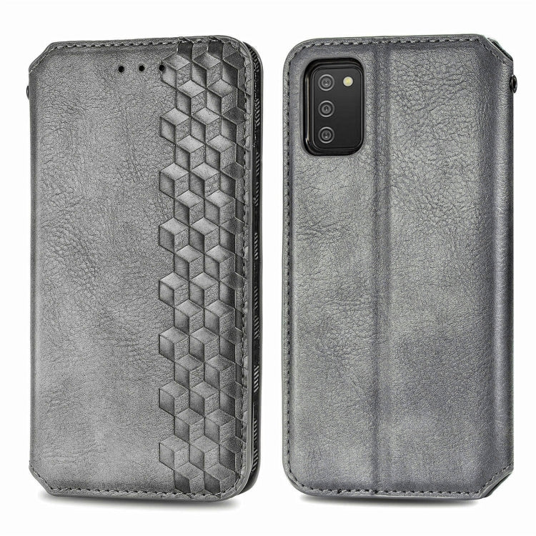 For Samsung Galaxy A02s(US Edition) Cubic Grid Pressed Horizontal Flip Magnetic PU Leather Case with Holder & Card Slots & Wallet