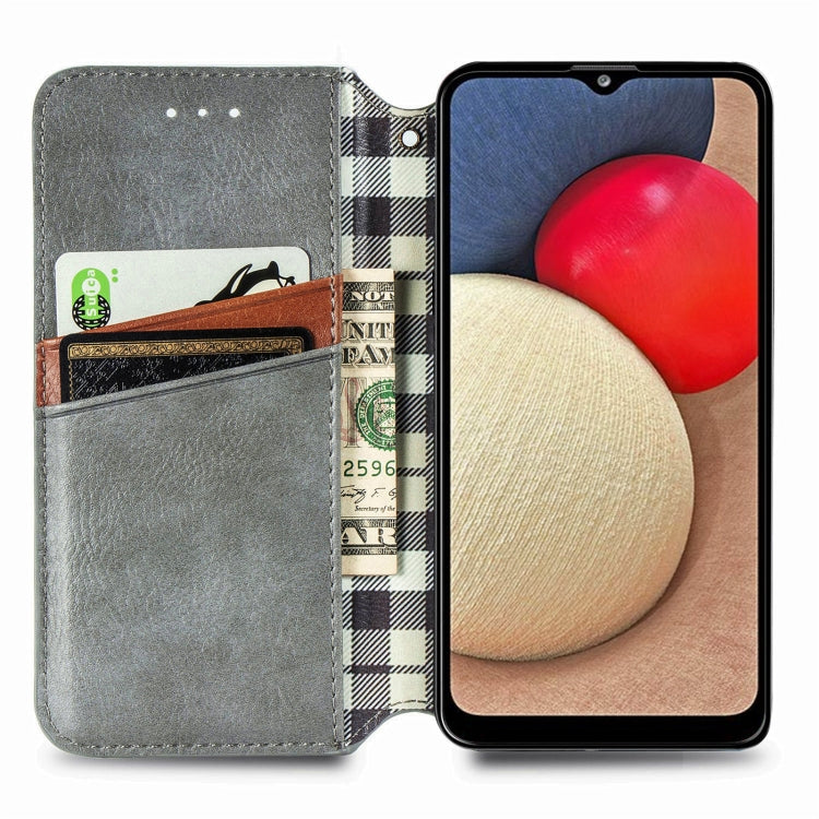 For Samsung Galaxy A02s(US Edition) Cubic Grid Pressed Horizontal Flip Magnetic PU Leather Case with Holder & Card Slots & Wallet