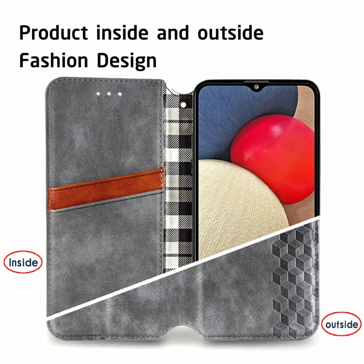 For Samsung Galaxy A02s(US Edition) Cubic Grid Pressed Horizontal Flip Magnetic PU Leather Case with Holder & Card Slots & Wallet