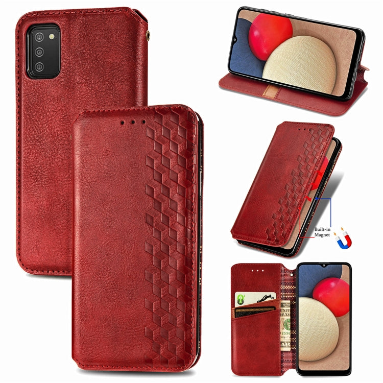For Samsung Galaxy A02s(US Edition) Cubic Grid Pressed Horizontal Flip Magnetic PU Leather Case with Holder & Card Slots & Wallet