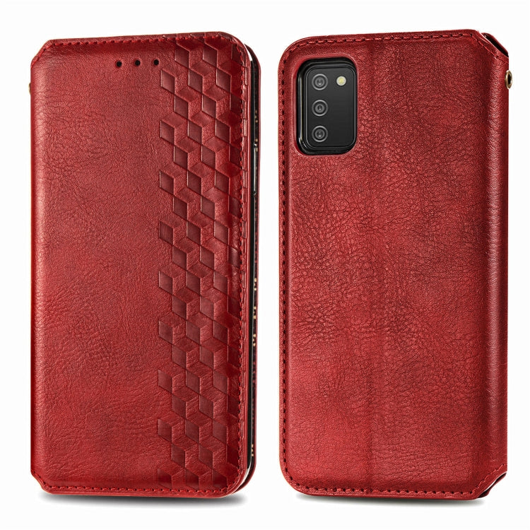 For Samsung Galaxy A02s(US Edition) Cubic Grid Pressed Horizontal Flip Magnetic PU Leather Case with Holder & Card Slots & Wallet