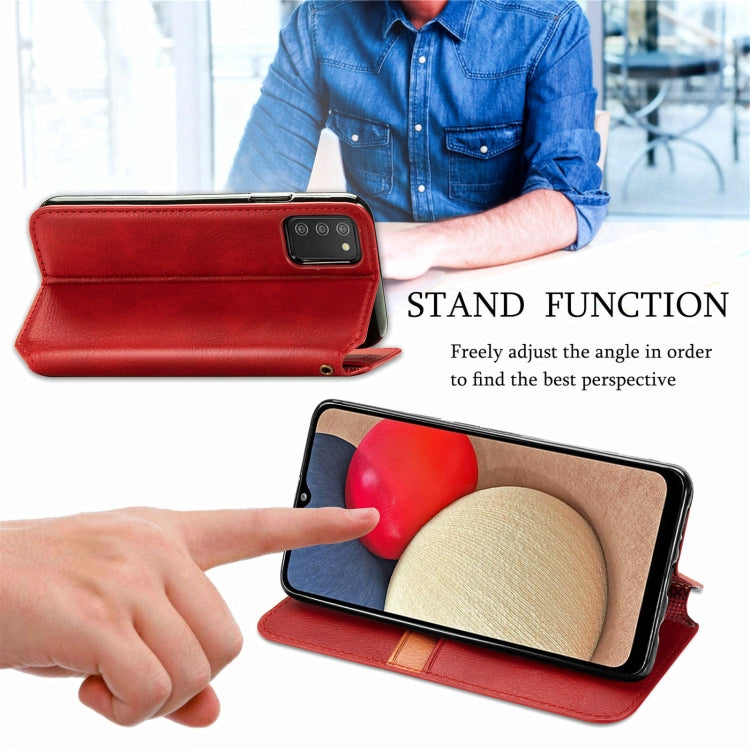 For Samsung Galaxy A02s(US Edition) Cubic Grid Pressed Horizontal Flip Magnetic PU Leather Case with Holder & Card Slots & Wallet