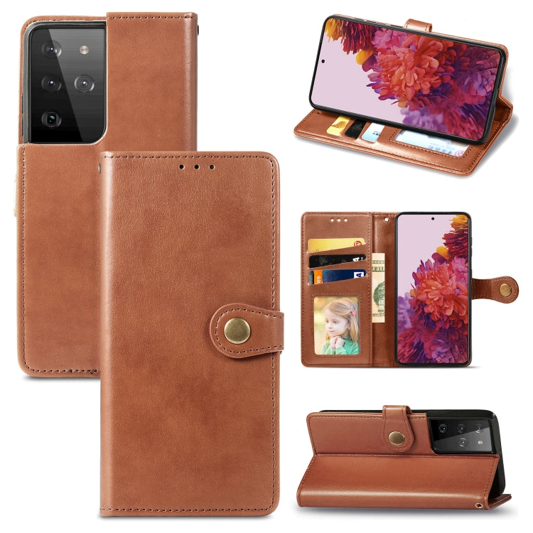 For Samsung Galaxy S21 Ultra 5G Retro Solid Color Leather Buckle Phone Case with Lanyard & Photo Frame & Card Slot & Wallet & Stand Function