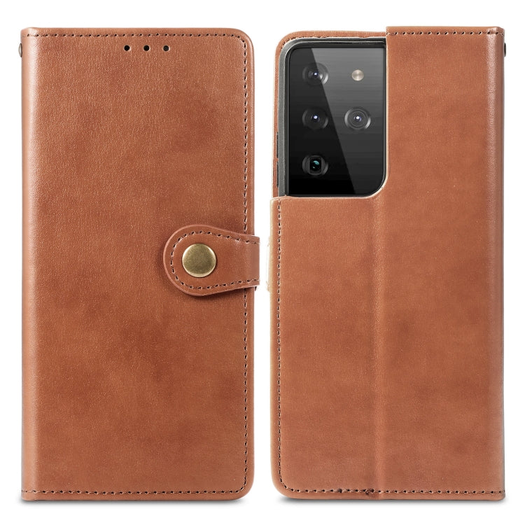 For Samsung Galaxy S21 Ultra 5G Retro Solid Color Leather Buckle Phone Case with Lanyard & Photo Frame & Card Slot & Wallet & Stand Function
